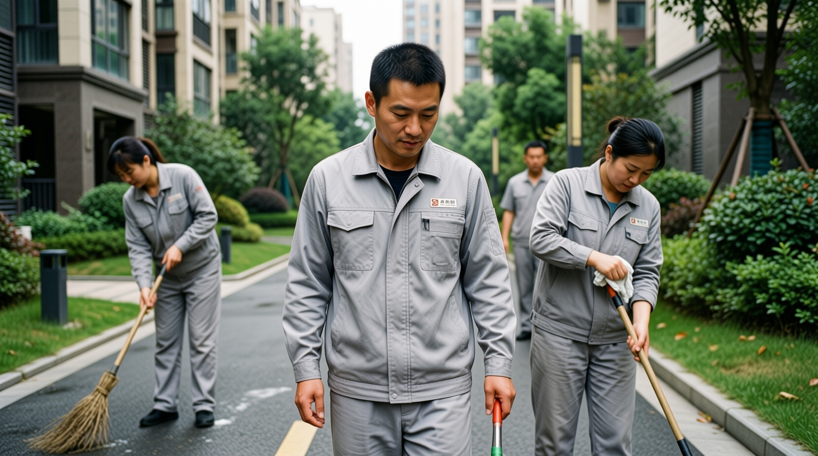 配图1 海盐物业保洁团队穿着统一工作服在小区作业