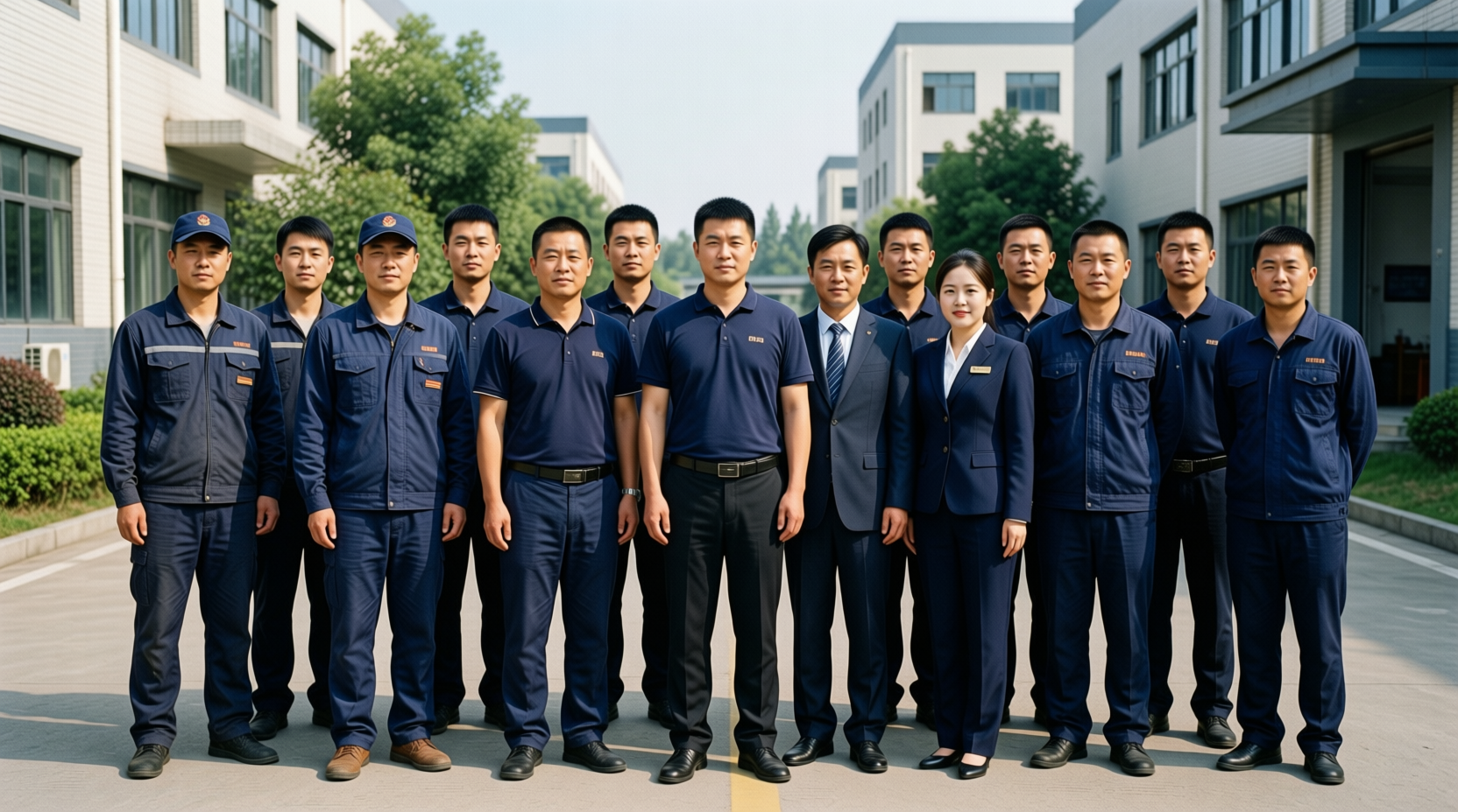 配图1 嘉善企业多岗位员工穿着统一主色调的团体服装在厂区合影