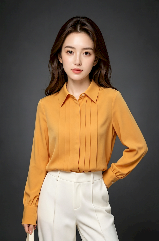 黄色压褶女款职业长袖衬衫