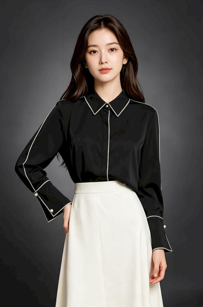 黑色明线镶边珍珠扣女式长袖衬衫